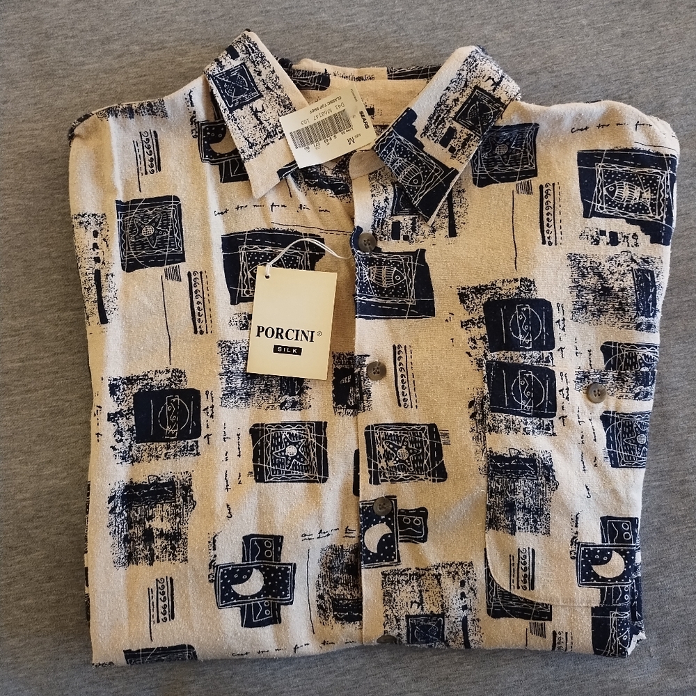 Vintage Porcini 100% Silk Button Down Short Sleeve Shirt Men’s Size M - NWT